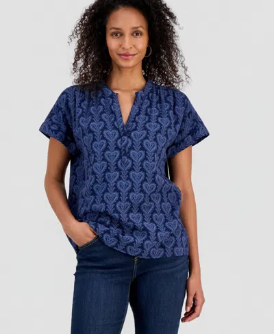 Style & Co Women's Printed Split-neck Gauze Popover Top, Macy's Exclusive In Blue