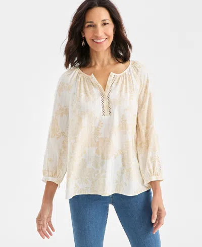 Style & Co Women's Printed Split Neck Peasant Top, Macy's Exclusive In Neutral