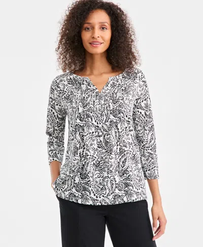 Style & Co Women's Printed Split-neck Pintucked Knit Top, Macy's Exclusive In White