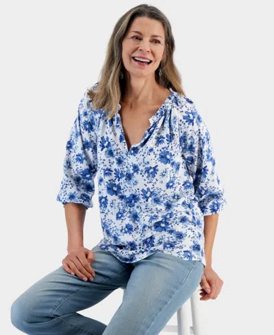 Style & Co Women's Printed Split Neck Ruffle Trim Long-sleeve Knit Top, Created For Macy's In Blue Floral