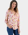 Style & Co Women's Printed Split Neck Ruffle Trim Long-sleeve Knit Top, Created For Macy's In Pink Floral