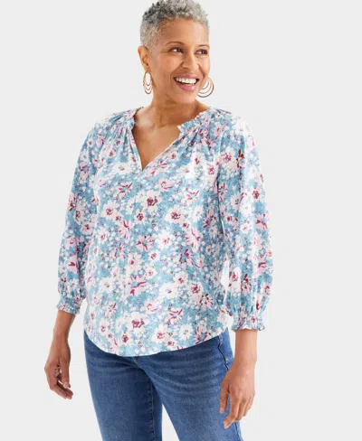Style & Co Women's Printed Split Neck Ruffle Trim Long-sleeve Knit Top, Created For Macy's In Teal Floral