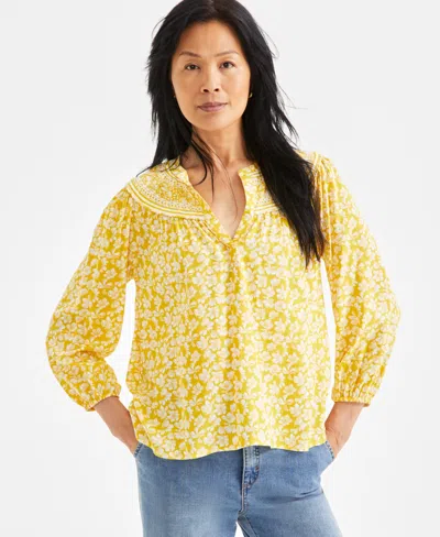 Style & Co Women's Printed Split-neck Shirt, Exclusively At Macy's In Fleur Golden
