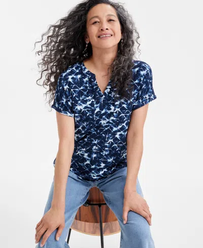 Style & Co Women's Printed Split-neck Short-sleeve Top, Exclusively At Macy's In Dye Blue