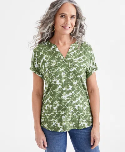 Style & Co Women's Printed Split-neck Short-sleeve Top, Exclusively At Macy's In Floral Green