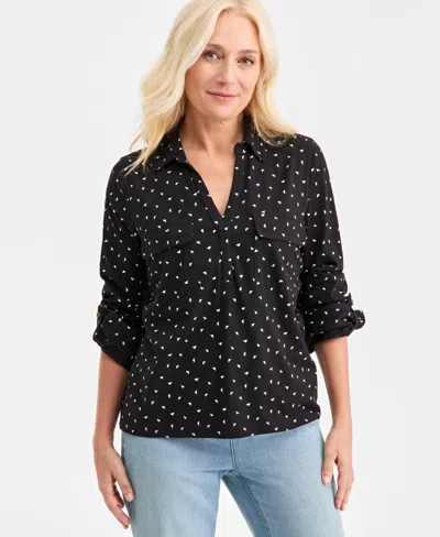 Style & Co Women's Printed Split-neck Tab-sleeve Top, Macy's Exclusive In Black