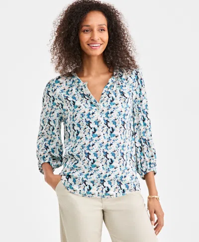 Style & Co Women's Printed Split-neck Top, Macy's Exclusive In Blue