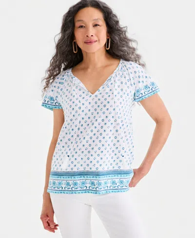 Style & Co Style Co Womens Printed Split Neck Flutter Sleeve Top Macys Exclusive In White