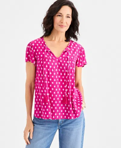 Style & Co Women's Printed Split-neck Flutter-sleeve Blouse, Macy's Exclusive In Pink