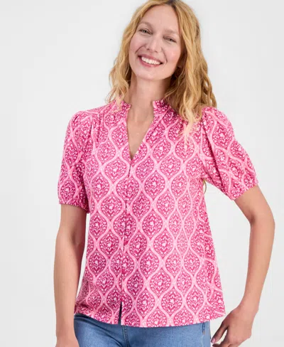 Style & Co Women's Printed Split-neck Knit Top, Macy's Exclusive In Pink