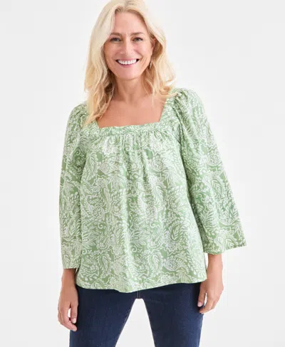Style & Co Women's Printed Square-neck 3/4-sleeve Top, Macy's Exclusive In Green