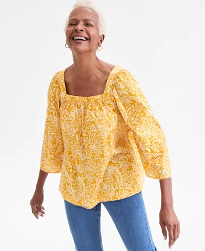 Style & Co Women's Printed Square-neck 3/4-sleeve Top, Macy's Exclusive In Yellow