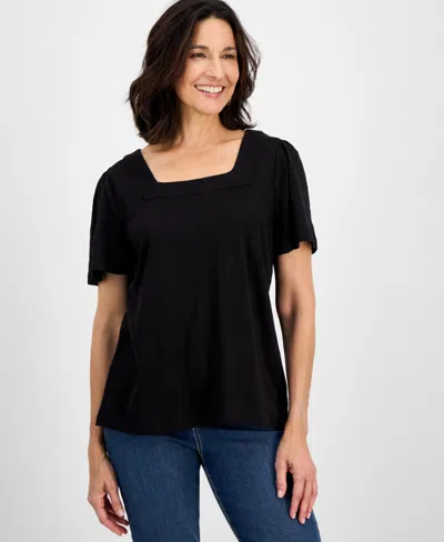 Style & Co Style& Co Women's Printed Square-neck Flutter-sleeve Top, Exclusively At Macy's In Black