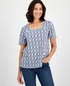 Style & Co Women's Printed Square-neck Flutter-sleeve Top, Exclusively At Macy's In Blue