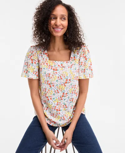 Style & Co Style& Co Women's Printed Square-neck Flutter-sleeve Top, Exclusively At Macy's In White