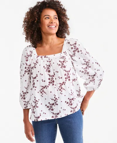 Style & Co Women's Printed Square-neck Cotton Top, Macy's Exclusive In White