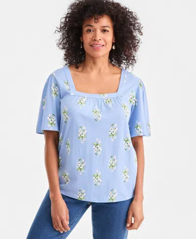 Style & Co Women's Printed Square-neck Flutter-sleeve Top, Macy's Exclusive In Blue