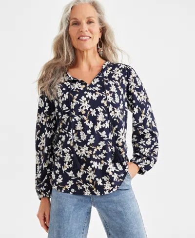 Style & Co Plus Size Printed Tassel-tie Long-sleeve Blouse, Created For Macy's In Floral Black
