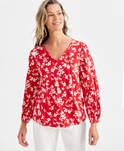 Style & Co Women's Printed Tassel Knit Blouse, Created For Macy's In Floral Red