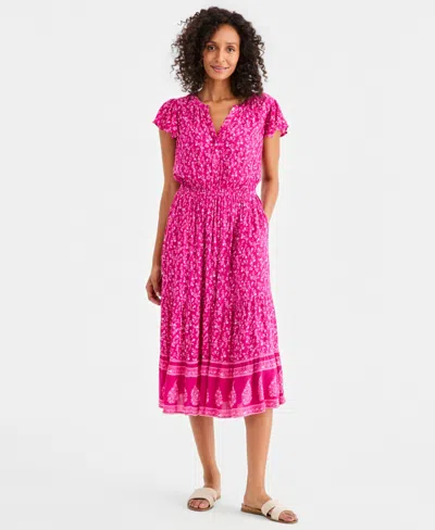 Style & Co Women's Printed Tiered Midi Dress, Macy's Exclusive In Pink