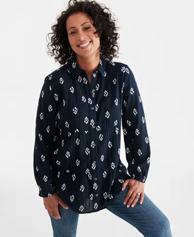 Style & Co Petite Ikat Icon Tiered Button-front Tunic, Created For Macy's In Ikat Industrial Blue