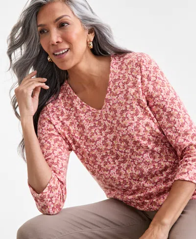 Style & Co Women's Printed V-neck 3/4-sleeve Knit Top, Macy's Exclusive In Multi
