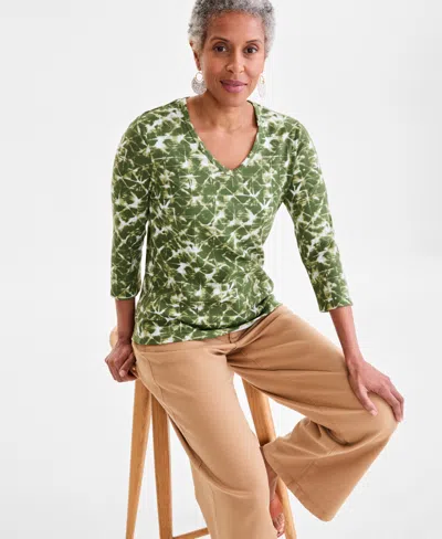 Style & Co Women's Printed V-neck 3/4-sleeve Top, Exclusively At Macy's In Ocean Green