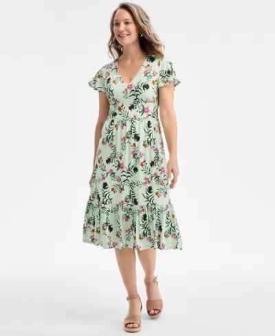 Style & Co Women's Printed V-neck Flutter-sleeve Knit Dress, Exclusively At Macy's In Fauna Mint