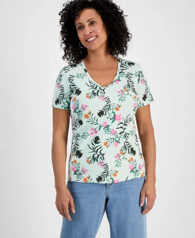 Style & Co Women's Printed V-neck Short-sleeve Top, Exclusively At Macy's In Green