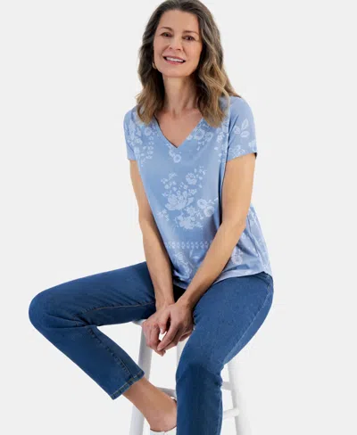 Style & Co Petite Scarf Printed V-neck Perfect T-shirt, Created For Macy's In Blue Scarf