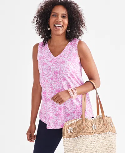 Style & Co Women's Printed V-neck Tank Top, Created For Macy's In Fuschia Floral