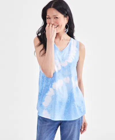 Style & Co Women's Printed V-neck Tank Top, Created For Macy's In Sun Blue