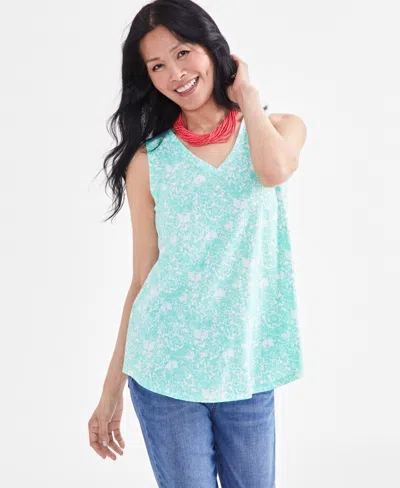 Style & Co Women's Printed V-neck Tank Top, Created For Macy's In Teal Floral