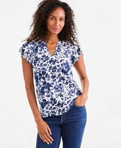 Style & Co Women's Printed V-neck Flutter-sleeve Knit, Macy's Exclusive In Industrial Blue