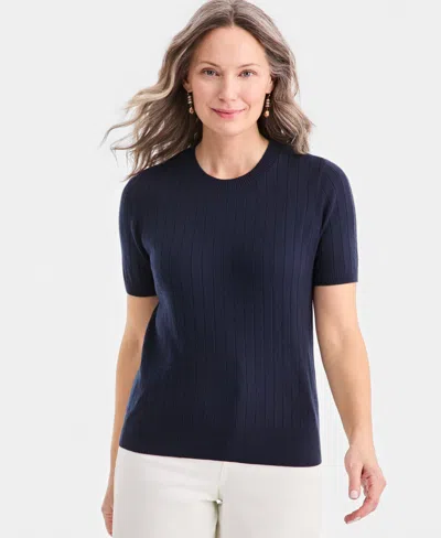 Style & Co Women's Ribbed Crewneck Short-sleeve Sweater, Macy's Exclusive In Blue