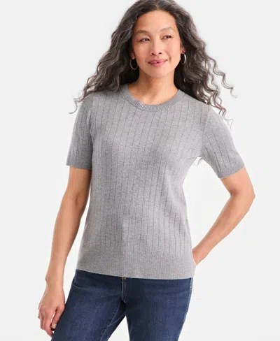 Style & Co Women's Ribbed Crewneck Short-sleeve Sweater, Macy's Exclusive In Gray