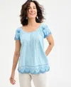 Style & Co Women's Scoop-neck Embroidered Short-sleeve Top, Exclusively At Macy's In Flutter Blue