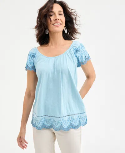 Style & Co Women's Scoop-neck Embroidered Short-sleeve Top, Exclusively At Macy's In Flutter Blue