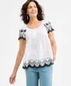 Style & Co Women's Scoop-neck Embroidered Short-sleeve Top, Exclusively At Macy's In Flutter White