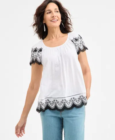 Style & Co Women's Scoop-neck Embroidered Short-sleeve Top, Exclusively At Macy's In Flutter White