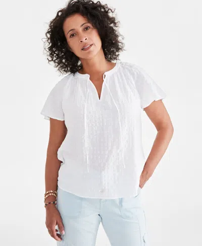 Style & Co Women's Seersucker Split-neck Flutter Sleeve Top, Created For Macy's In Bright White