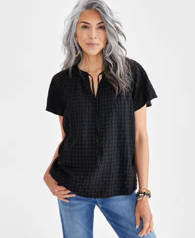 Style & Co Women's Seersucker Split-neck Flutter Sleeve Top, Created For Macy's In Deep Black