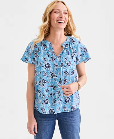 Style & Co Women's Seersucker Split-neck Flutter Sleeve Top, Created For Macy's In Blue