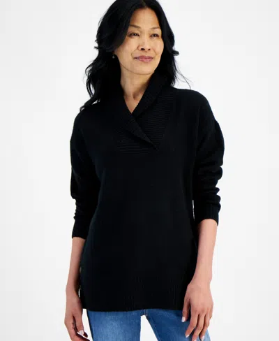 Style & Co Women's Shawl Collar Button-hem Tunic Sweater, Created For Macy's In Deep Black