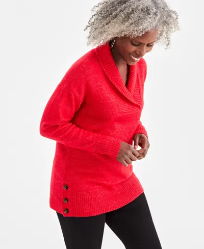 Style & Co Women's Shawl Collar Button-hem Tunic Sweater, Created For Macy's In Tango Red