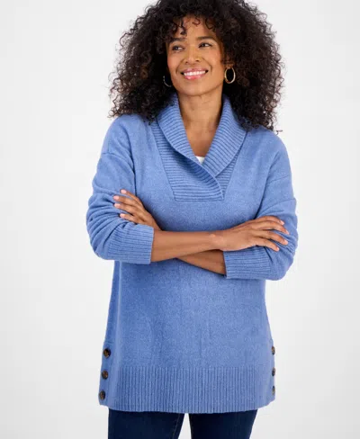 Style & Co Women's Shawl Collar Button-hem Tunic Sweater, Created For Macy's In Blue