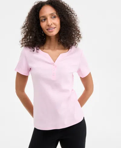 Style & Co Women's Short-sleeve Cotton Henley Top, Created For Macy's In Pink