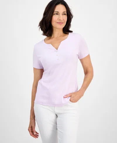 Style & Co Women's Short-sleeve Cotton Henley Top, Created For Macy's In Pink