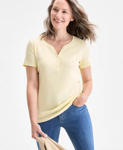 Style & Co Women's Short-sleeve Cotton Henley Top, Created For Macy's In White