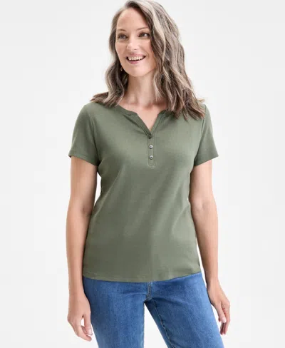 Style & Co Women's Short-sleeve Cotton Henley Top, Created For Macy's In Green